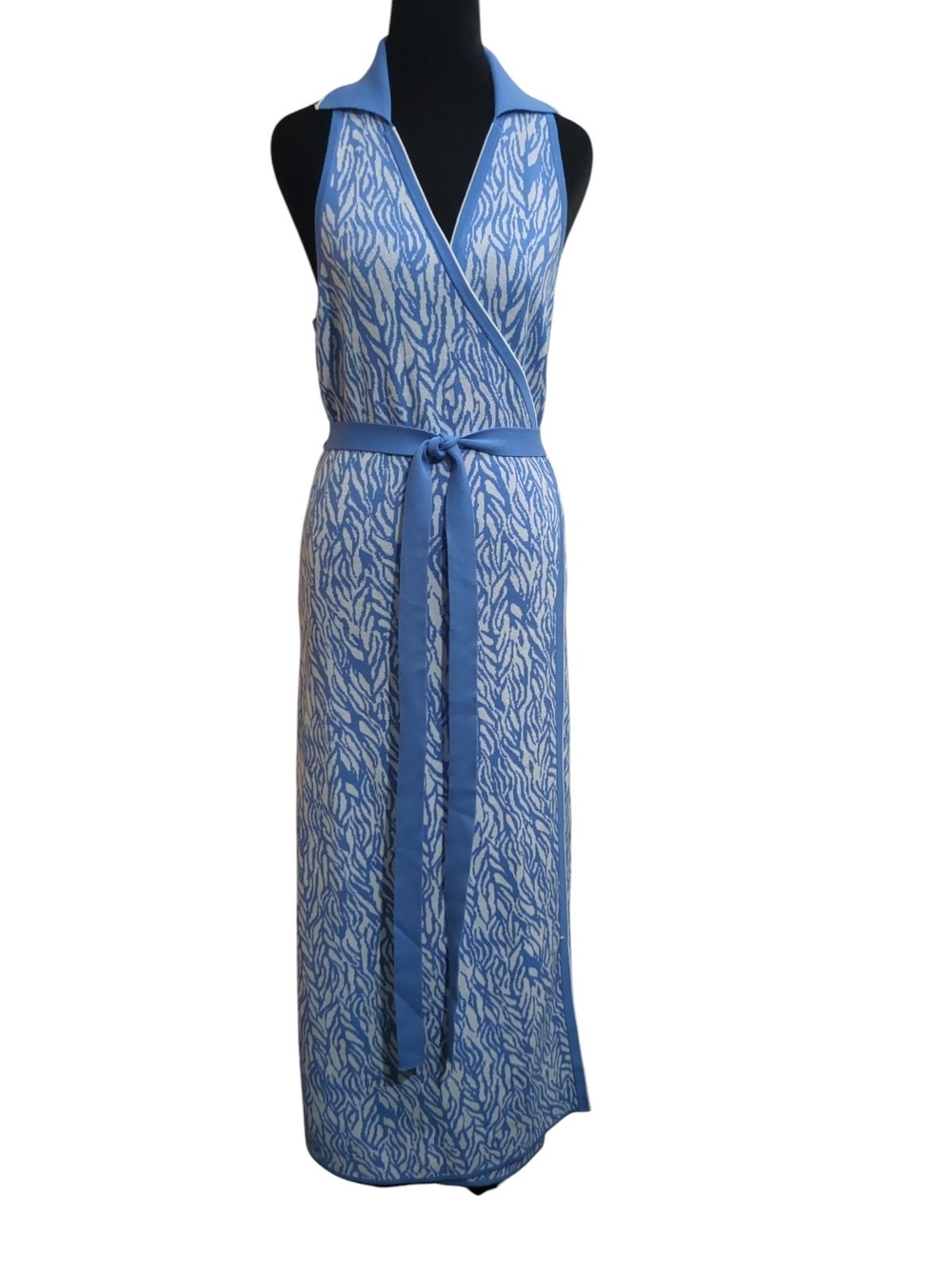 DVF for Target Sea Twig Blue Sweaterknit Wrap Dress Collared Sleeveless Maxi L
